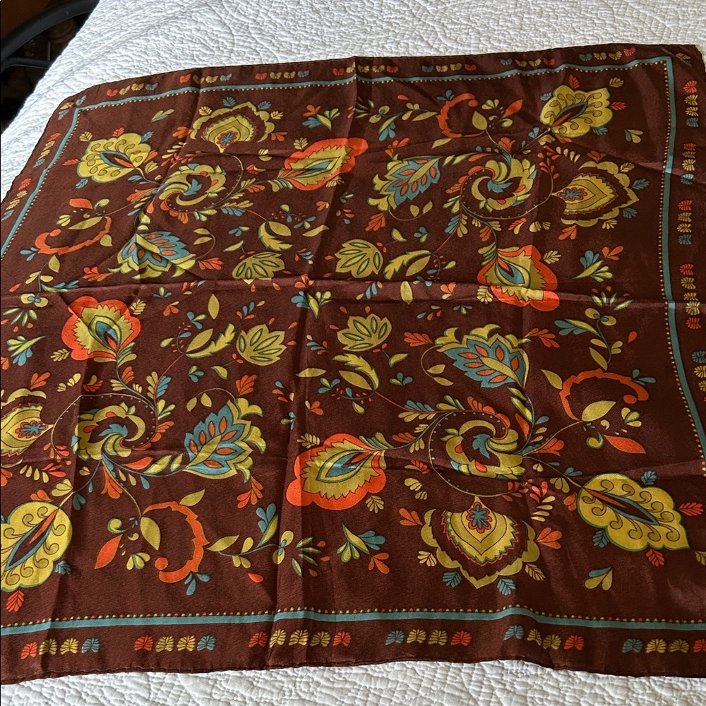 Vintage Colorful Paisley Scarf in brown, orange, blue and yellow.